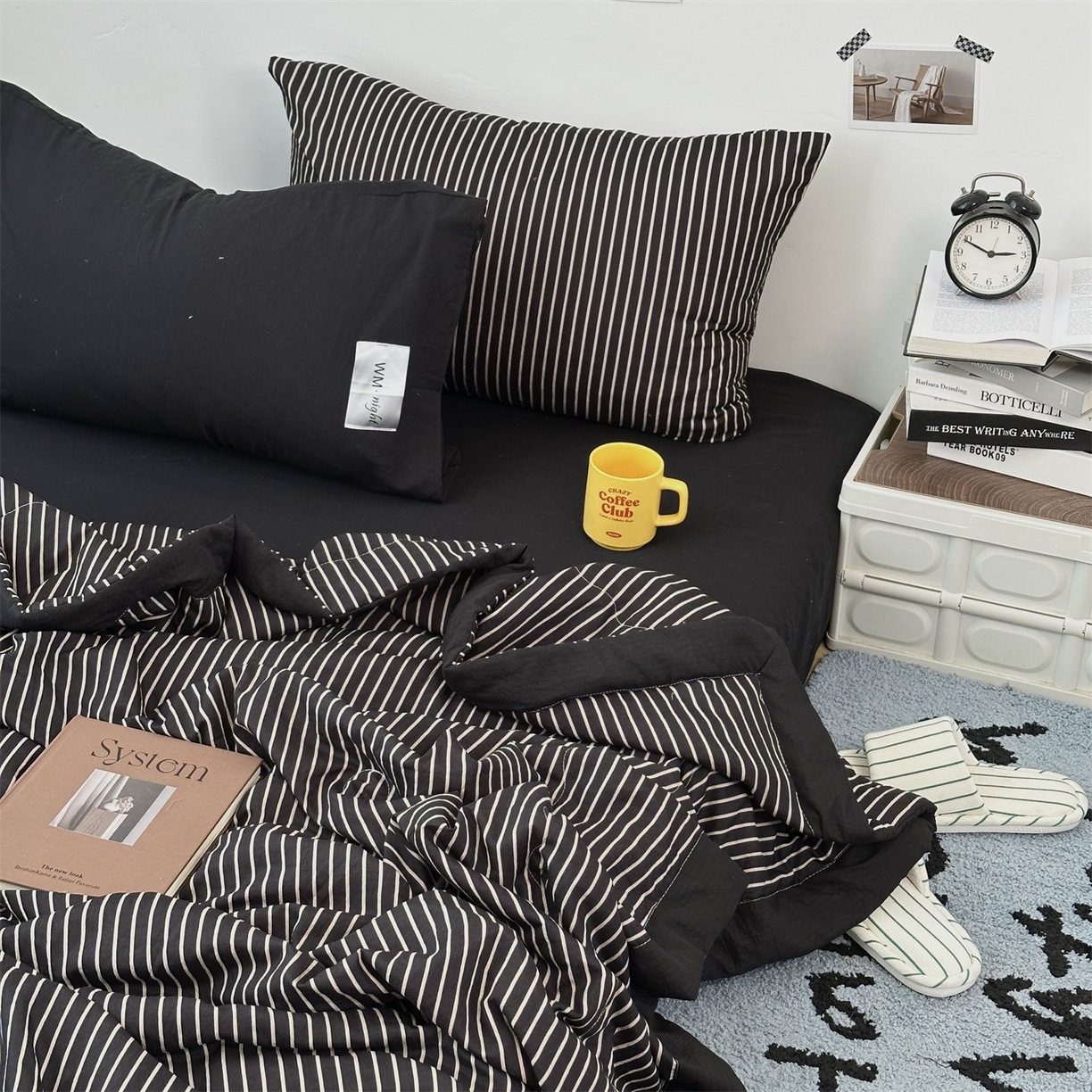 91家纺网 家纺一手货源 找家纺 拾一 2026新款简约日式条纹软糯水洗棉木棉夏凉被四件套单件空调被 夏凉被 黑-白条