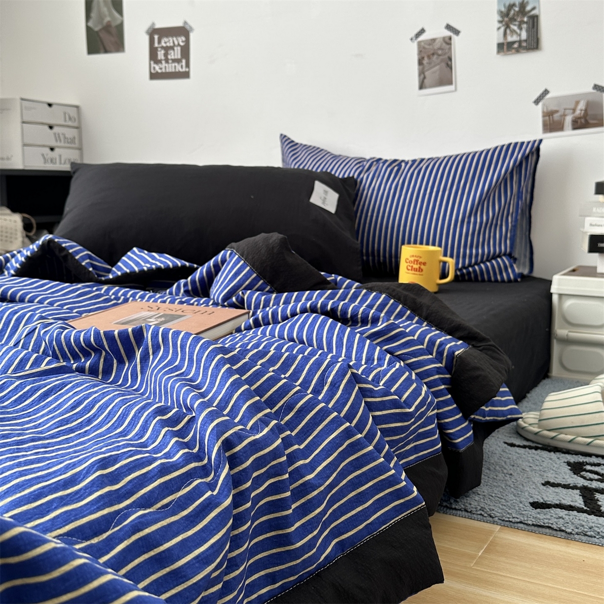 91家纺网 家纺一手货源 找家纺 拾一 2026新款简约日式条纹软糯水洗棉木棉夏凉被四件套单件空调被 夏凉被 克莱因蓝-白条