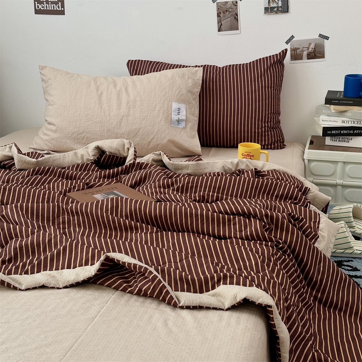 91家纺网 家纺一手货源 找家纺 拾一 2026新款简约日式条纹软糯水洗棉木棉夏凉被四件套单件空调被 夏凉被 棕-桔条