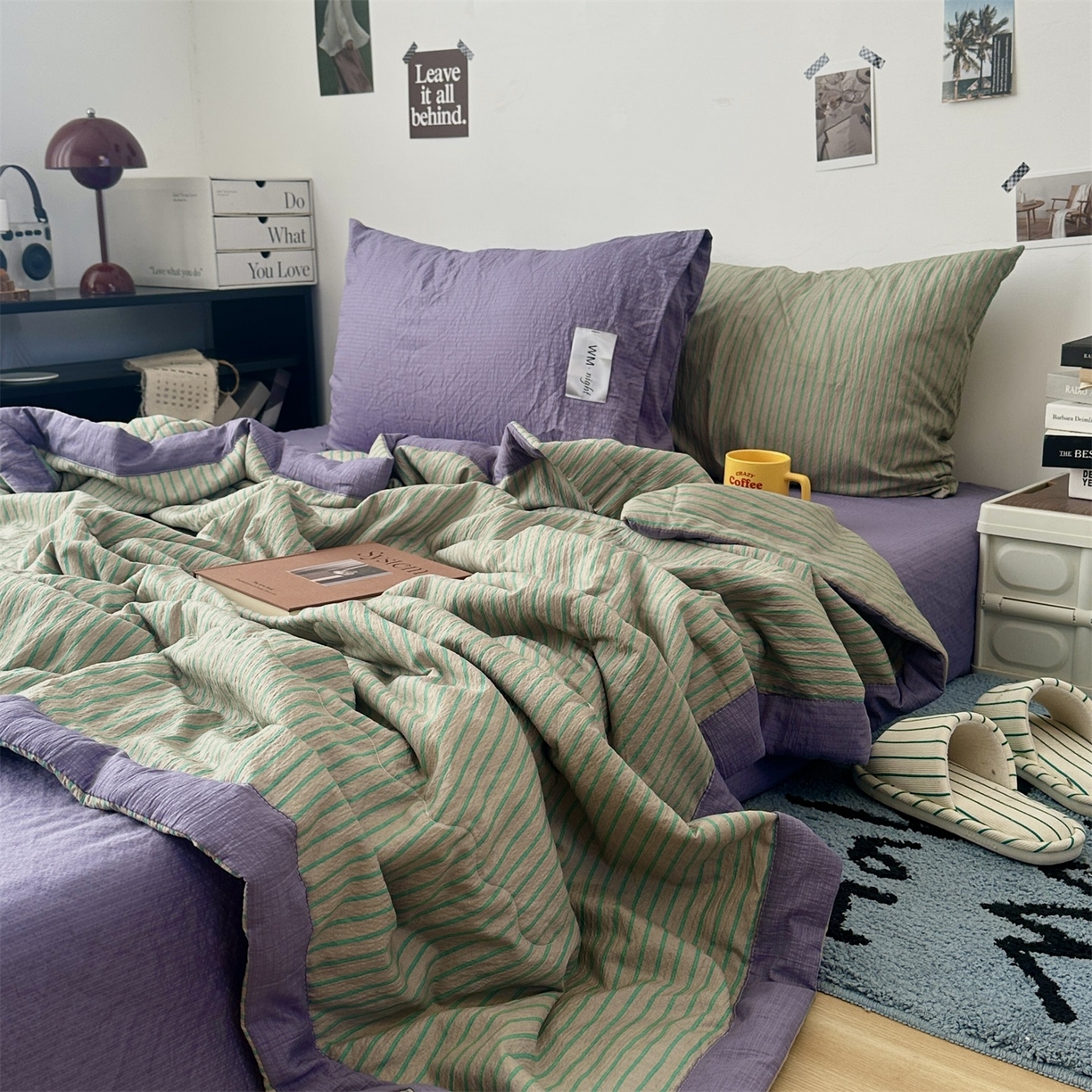 91家纺网 家纺一手货源 找家纺 拾一 2026新款简约日式条纹软糯水洗棉木棉夏凉被四件套单件空调被 夏凉被 草绿-绿条