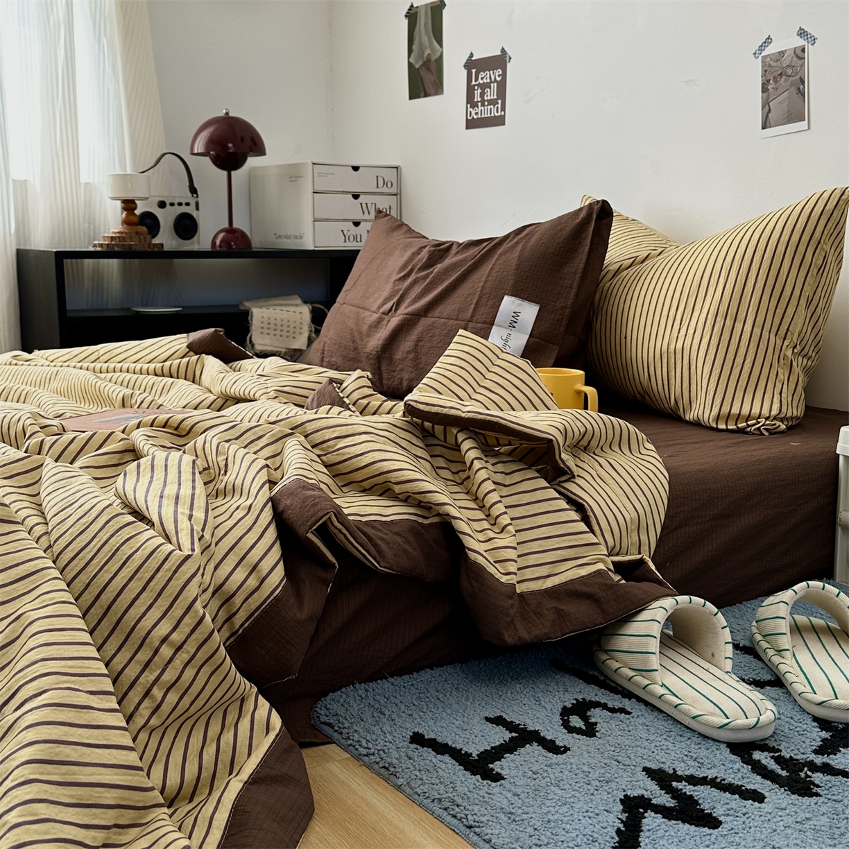 91家纺网 家纺一手货源 找家纺 拾一 2026新款简约日式条纹软糯水洗棉木棉夏凉被四件套单件空调被 夏凉被 黄-咖条