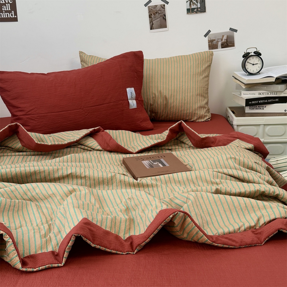 91家纺网 家纺一手货源 找家纺 拾一 2026新款简约日式条纹软糯水洗棉木棉夏凉被四件套单件空调被 夏凉被 浅咖-绿条