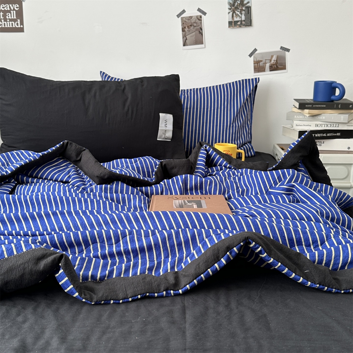 91家纺网 家纺一手货源 找家纺 拾一 2026新款简约日式条纹软糯水洗棉木棉夏凉被四件套单件空调被 夏凉被 克莱因蓝-白条