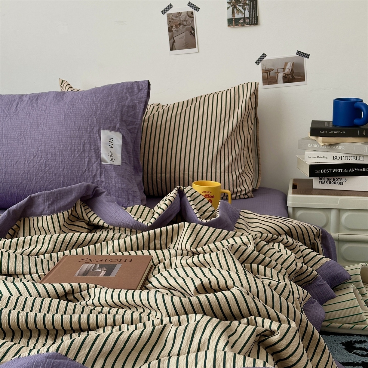 91家纺网 家纺一手货源 找家纺 拾一 2026新款简约日式条纹软糯水洗棉木棉夏凉被四件套单件空调被 夏凉被 卡其-绿条