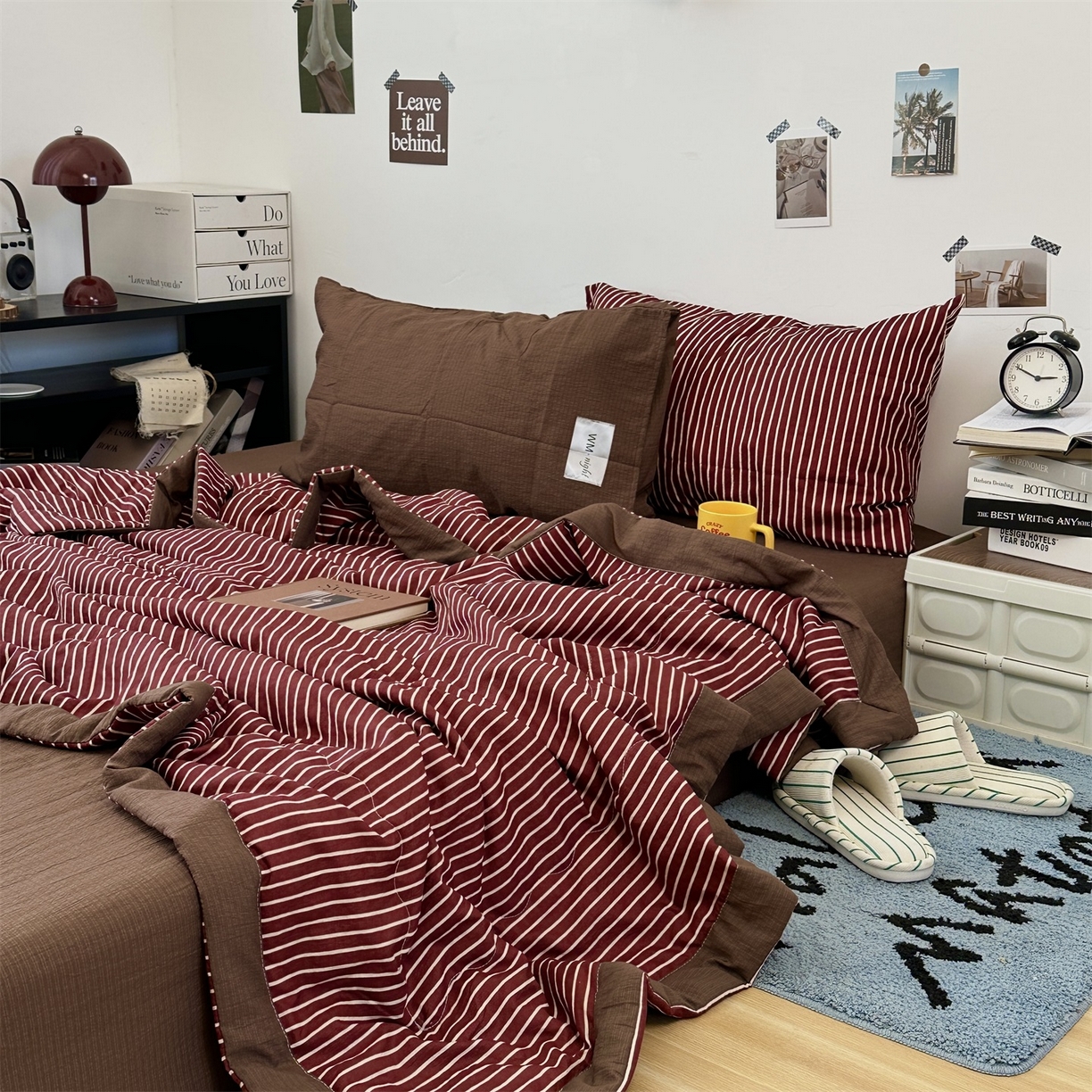 91家纺网 家纺一手货源 找家纺 拾一 2026新款简约日式条纹软糯水洗棉木棉夏凉被四件套单件空调被 夏凉被 红-白条