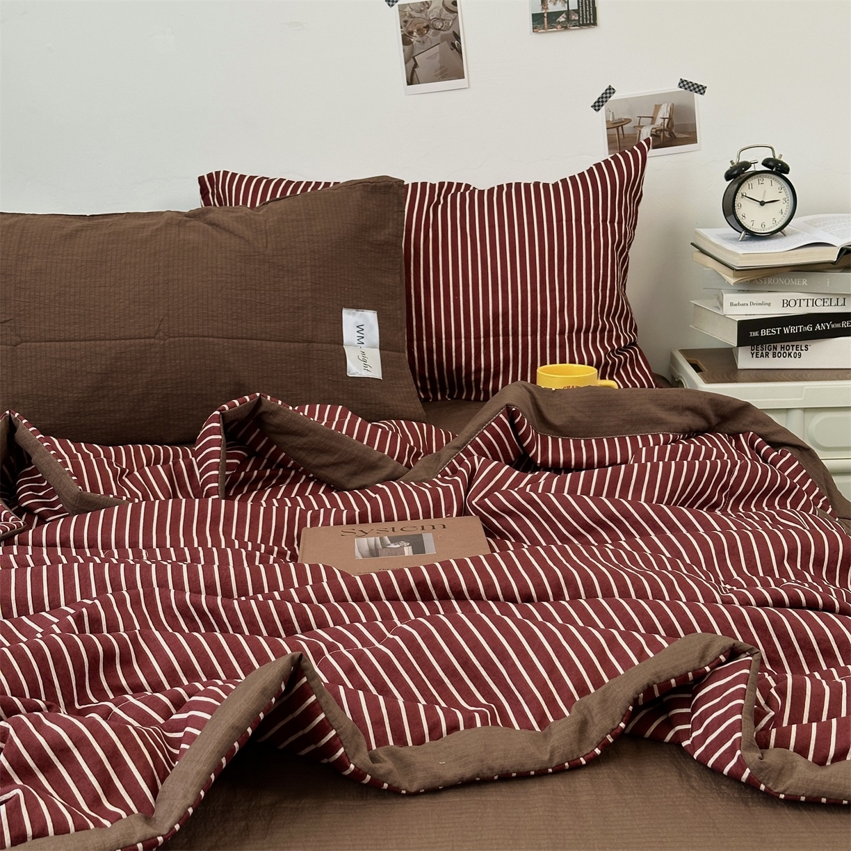 91家纺网 家纺一手货源 找家纺 拾一 2026新款简约日式条纹软糯水洗棉木棉夏凉被四件套单件空调被 夏凉被 红-白条