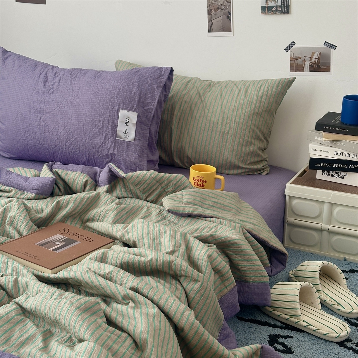 91家纺网 家纺一手货源 找家纺 拾一 2026新款简约日式条纹软糯水洗棉木棉夏凉被四件套单件空调被 夏凉被 草绿-绿条