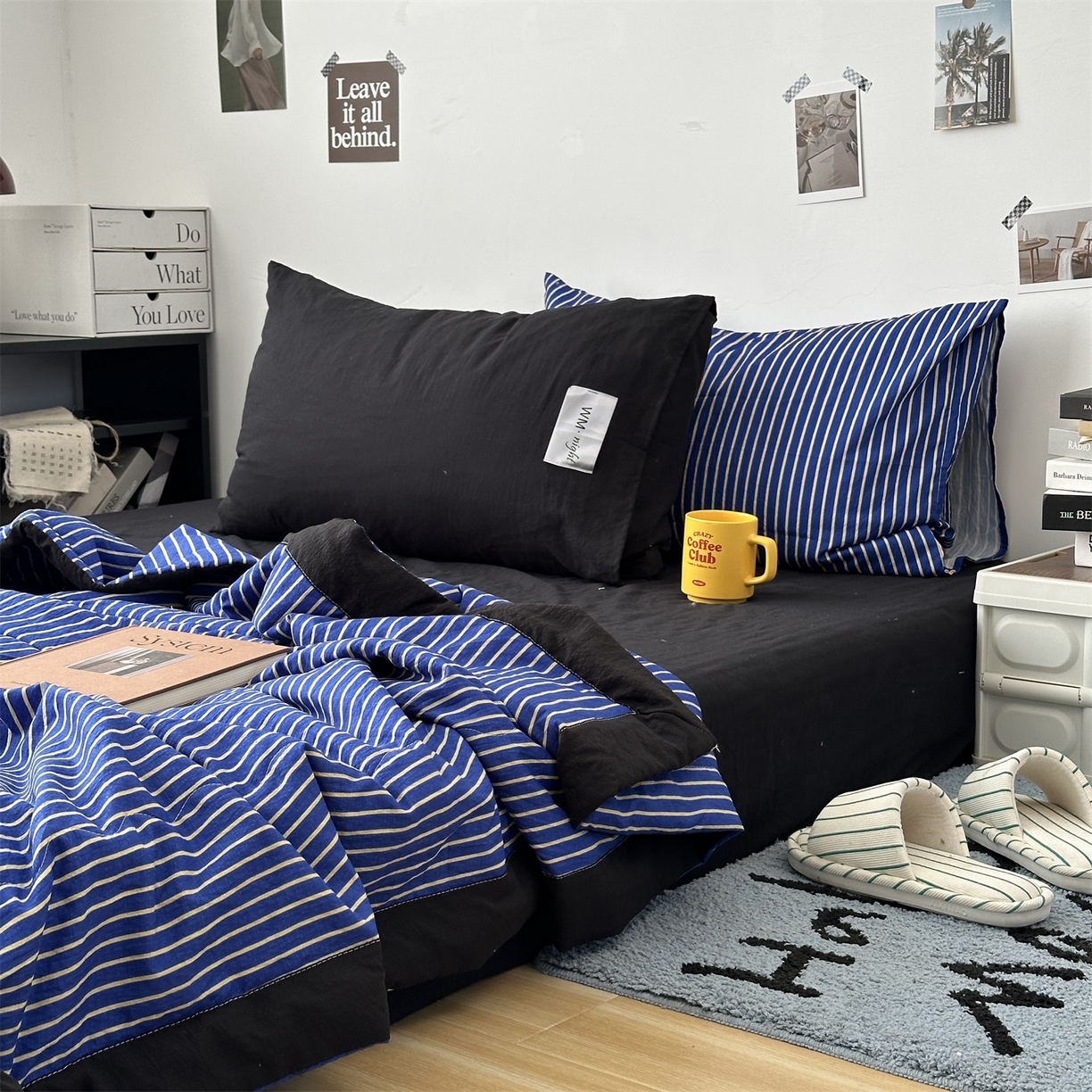 91家纺网 家纺一手货源 找家纺 拾一 2026新款简约日式条纹软糯水洗棉木棉夏凉被四件套单件空调被 夏凉被 克莱因蓝-白条