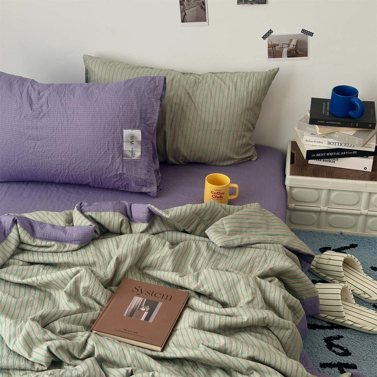 91家纺网 家纺一手货源 找家纺 拾一 2026新款简约日式条纹软糯水洗棉木棉夏凉被四件套单件空调被 夏凉被 草绿-绿条