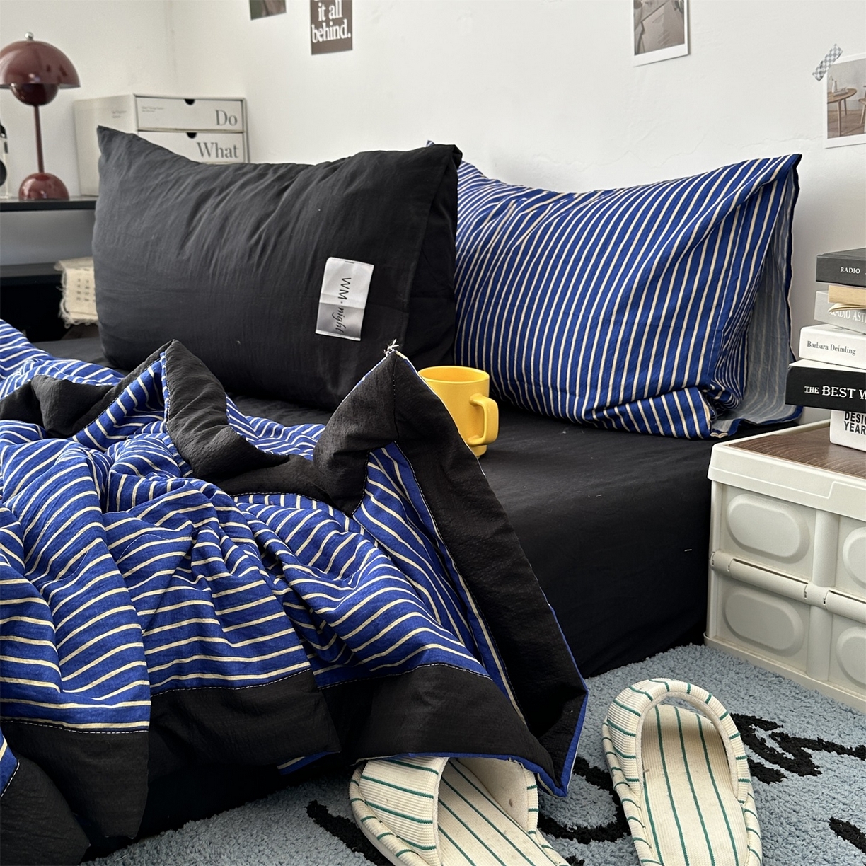 91家纺网 家纺一手货源 找家纺 拾一 2026新款简约日式条纹软糯水洗棉木棉夏凉被四件套单件空调被 夏凉被 克莱因蓝-白条