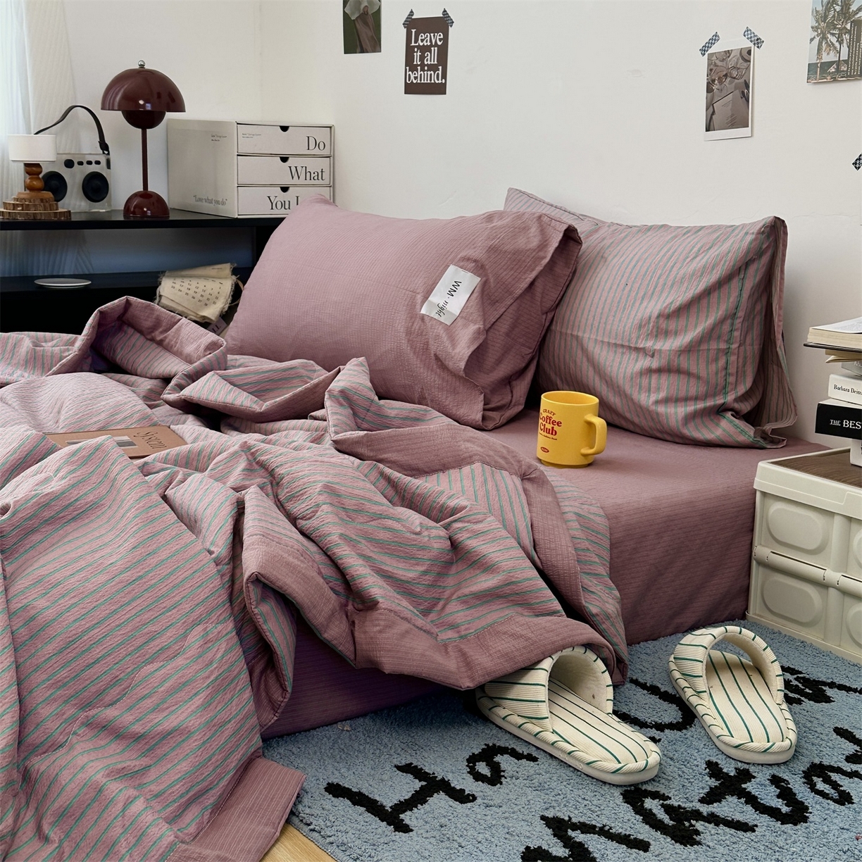 91家纺网 家纺一手货源 找家纺 拾一 2026新款简约日式条纹软糯水洗棉木棉夏凉被四件套单件空调被 夏凉被 紫-绿条