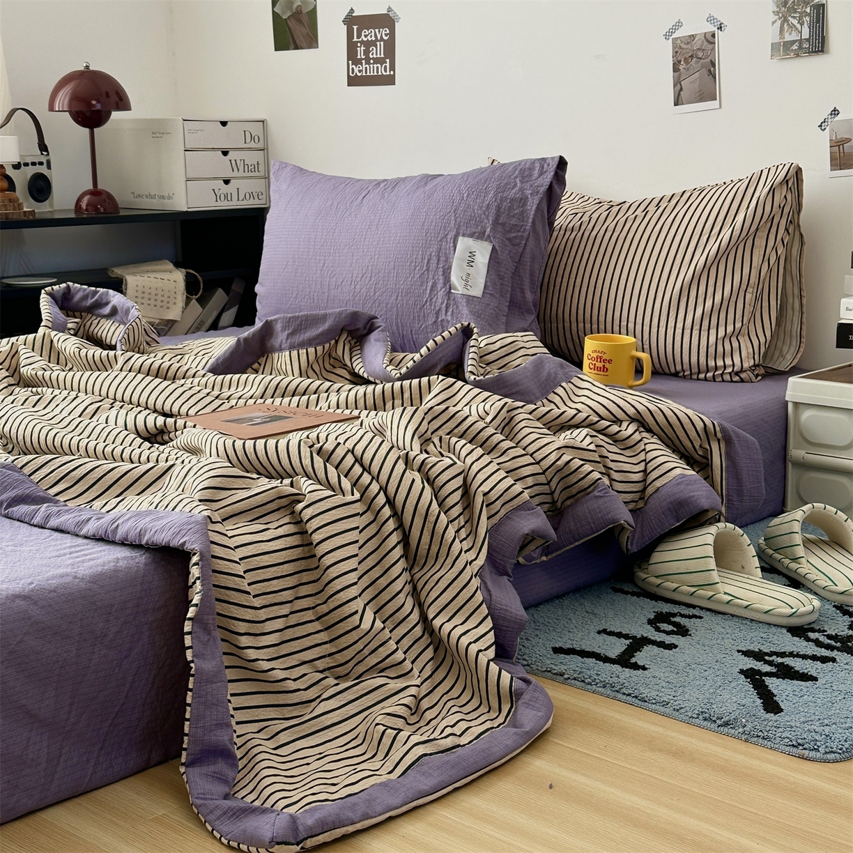 91家纺网 家纺一手货源 找家纺 拾一 2026新款简约日式条纹软糯水洗棉木棉夏凉被四件套单件空调被 夏凉被 卡其-绿条