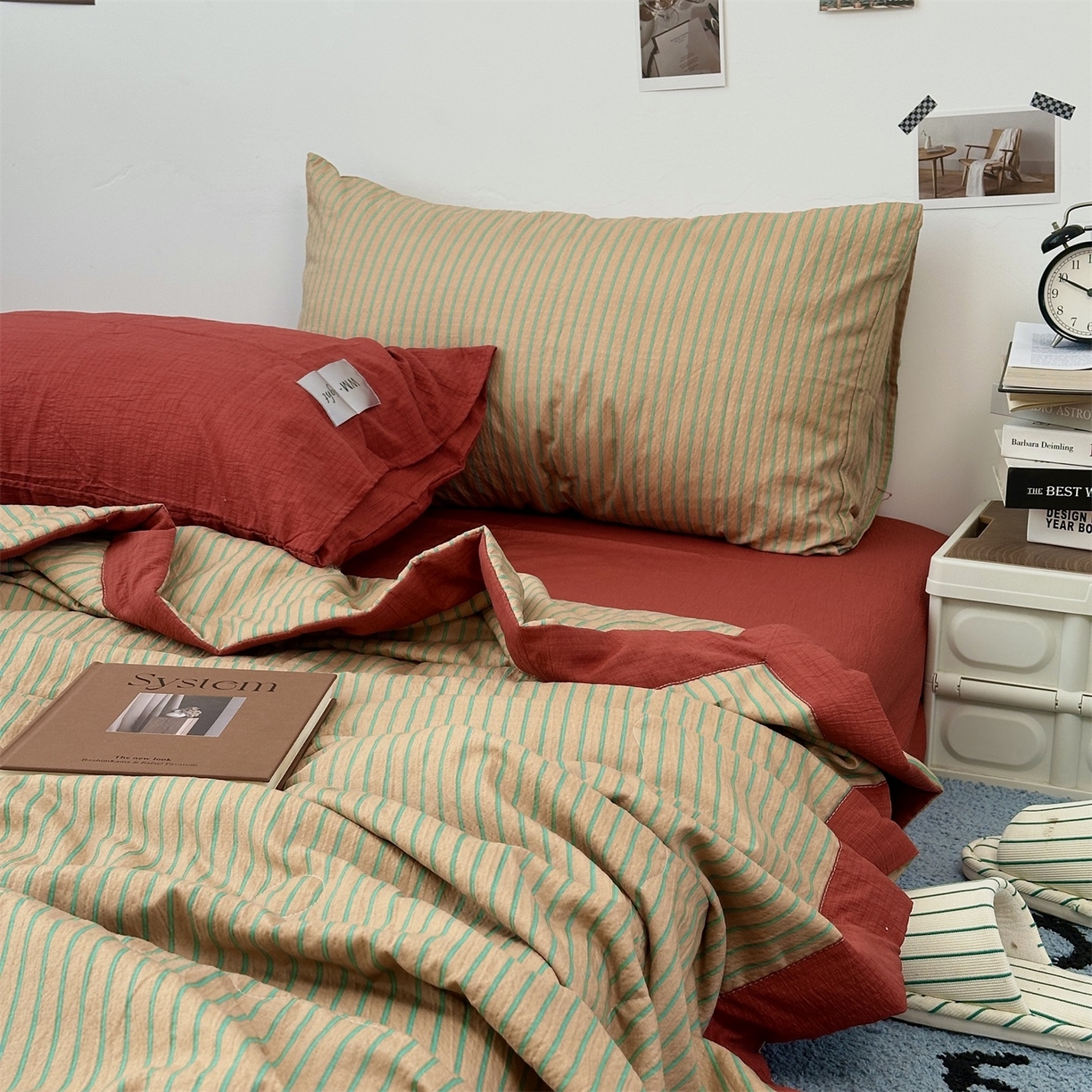 91家纺网 家纺一手货源 找家纺 拾一 2026新款简约日式条纹软糯水洗棉木棉夏凉被四件套单件空调被 夏凉被 浅咖-绿条