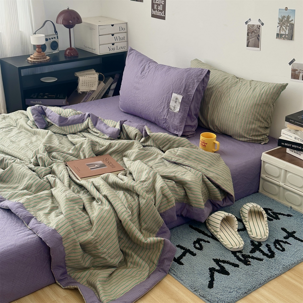 91家纺网 家纺一手货源 找家纺 拾一 2026新款简约日式条纹软糯水洗棉木棉夏凉被四件套单件空调被 夏凉被 草绿-绿条