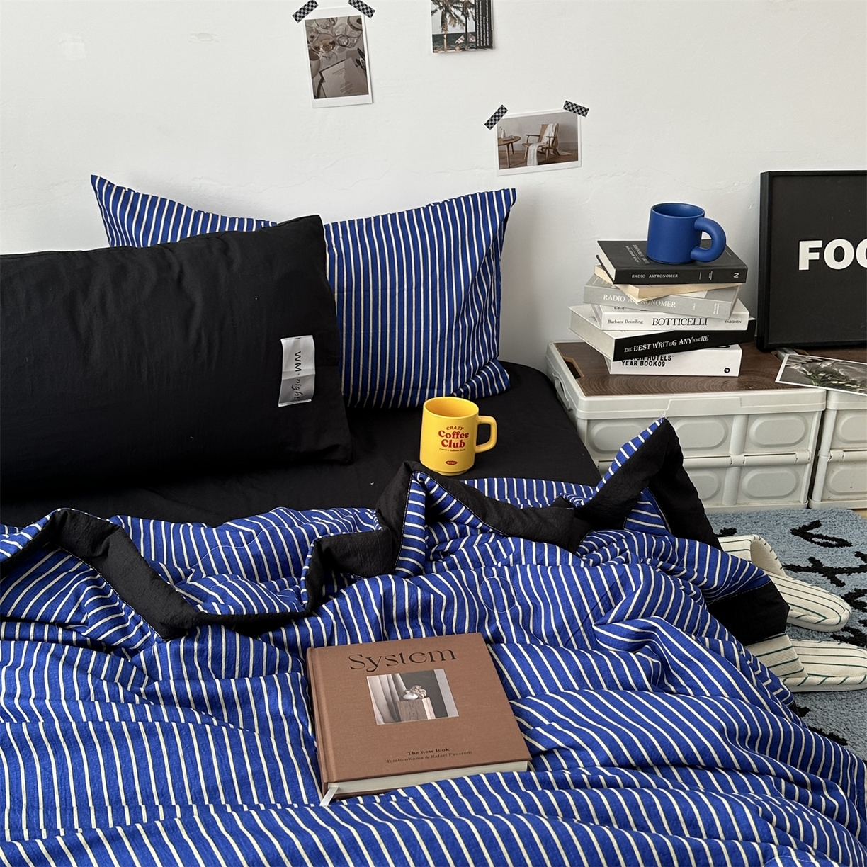 91家纺网 家纺一手货源 找家纺 拾一 2026新款简约日式条纹软糯水洗棉木棉夏凉被四件套单件空调被 夏凉被 克莱因蓝-白条