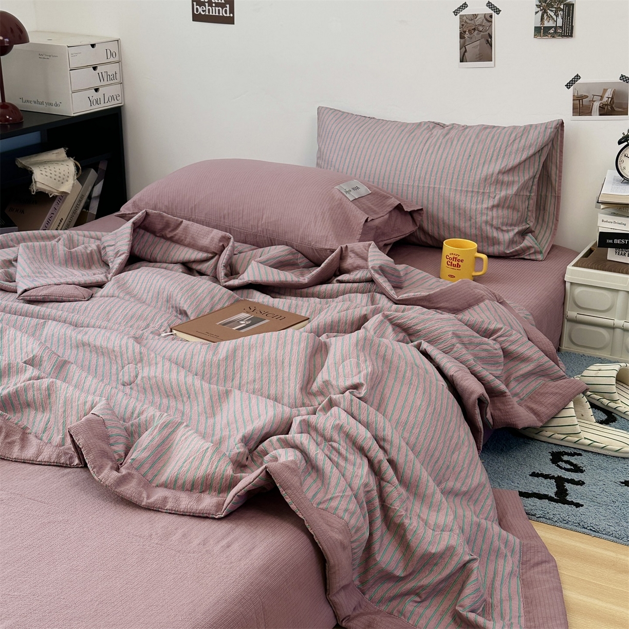 91家纺网 家纺一手货源 找家纺 拾一 2026新款简约日式条纹软糯水洗棉木棉夏凉被四件套单件空调被 夏凉被 紫-绿条