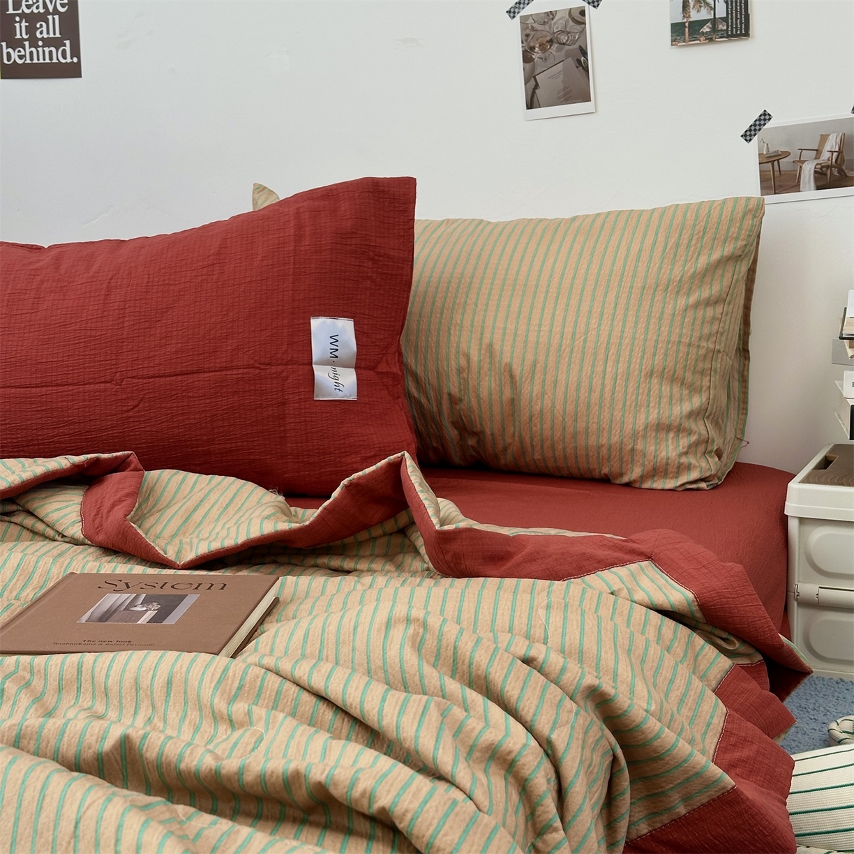 91家纺网 家纺一手货源 找家纺 拾一 2026新款简约日式条纹软糯水洗棉木棉夏凉被四件套单件空调被 夏凉被 浅咖-绿条