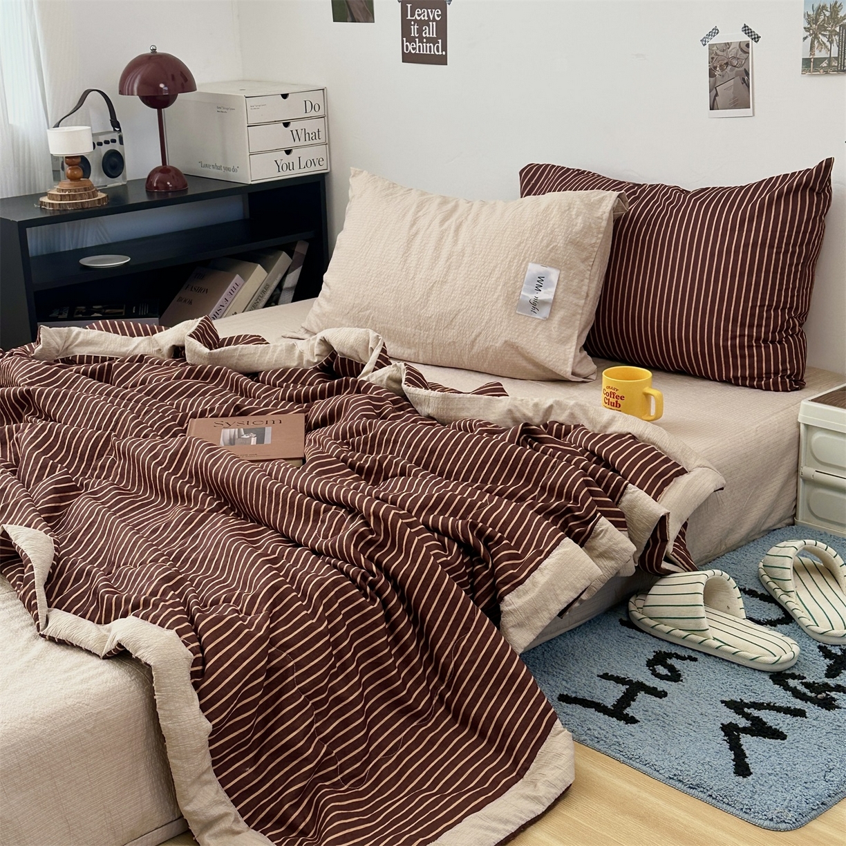 拾一 2026新款简约日式条纹软糯水洗棉木棉夏凉被四件套单件空调被 夏凉被 棕-桔条