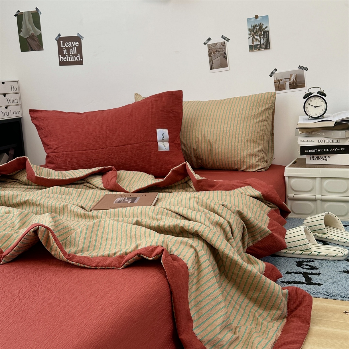 91家纺网 家纺一手货源 找家纺 拾一 2026新款简约日式条纹软糯水洗棉木棉夏凉被四件套单件空调被 夏凉被 浅咖-绿条