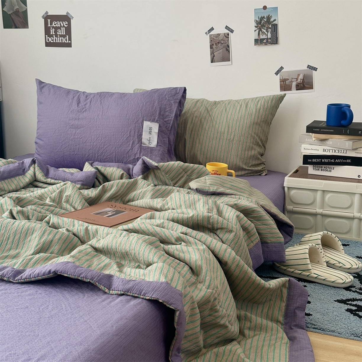 91家纺网 家纺一手货源 找家纺 拾一 2026新款简约日式条纹软糯水洗棉木棉夏凉被四件套单件空调被 夏凉被 草绿-绿条