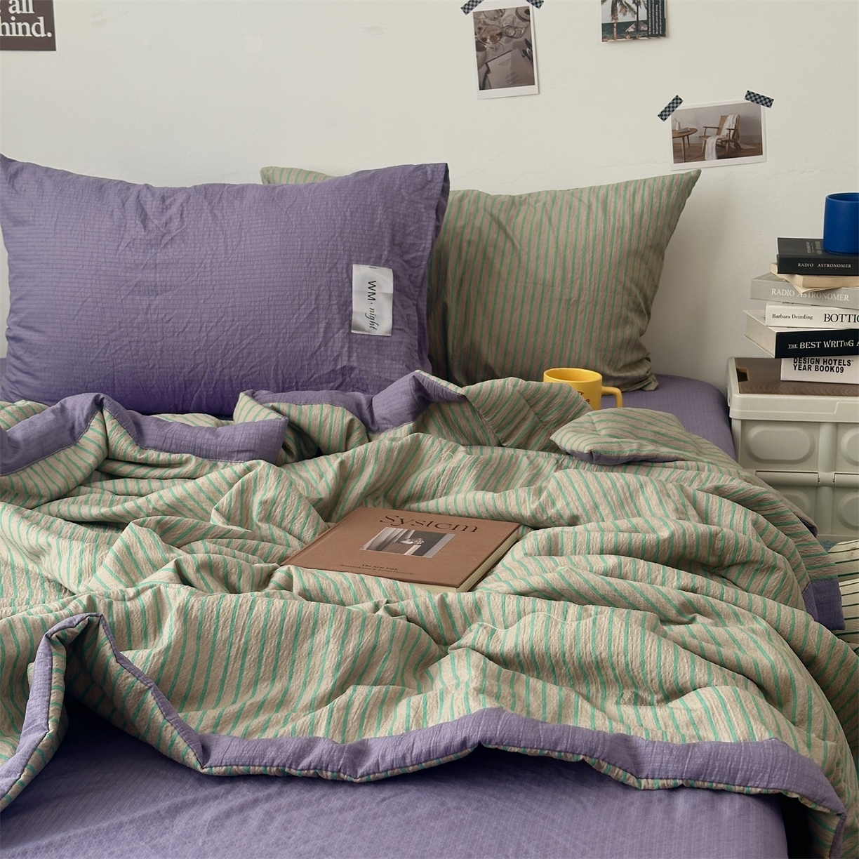 91家纺网 家纺一手货源 找家纺 拾一 2026新款简约日式条纹软糯水洗棉木棉夏凉被四件套单件空调被 夏凉被 草绿-绿条