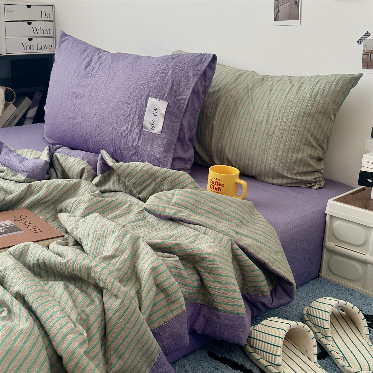 91家纺网 家纺一手货源 找家纺 拾一 2026新款简约日式条纹软糯水洗棉木棉夏凉被四件套单件空调被 夏凉被 草绿-绿条