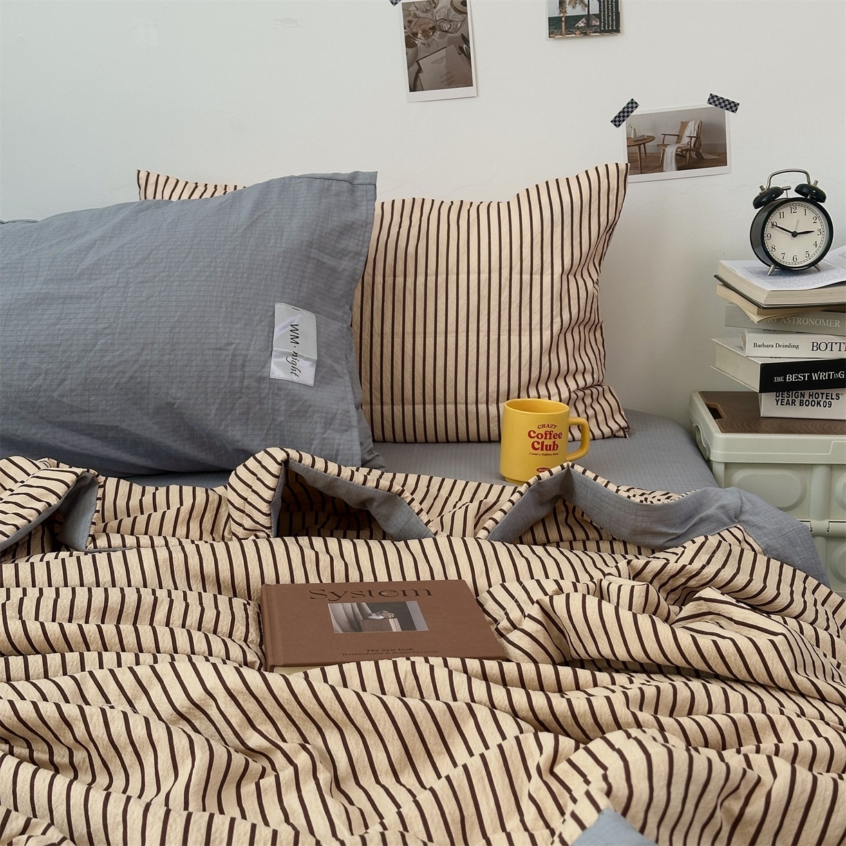 91家纺网 家纺一手货源 找家纺 拾一 2026新款简约日式条纹软糯水洗棉木棉夏凉被四件套单件空调被 夏凉被 奶茶-棕条
