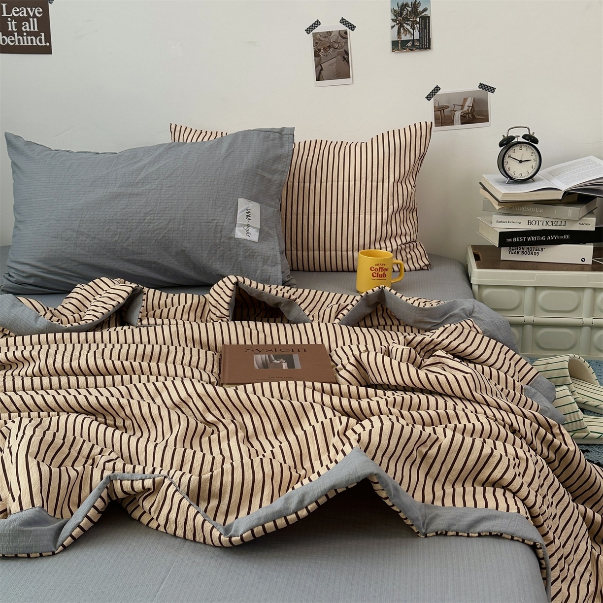 91家纺网 家纺一手货源 找家纺 拾一 2026新款简约日式条纹软糯水洗棉木棉夏凉被四件套单件空调被 夏凉被 奶茶-棕条