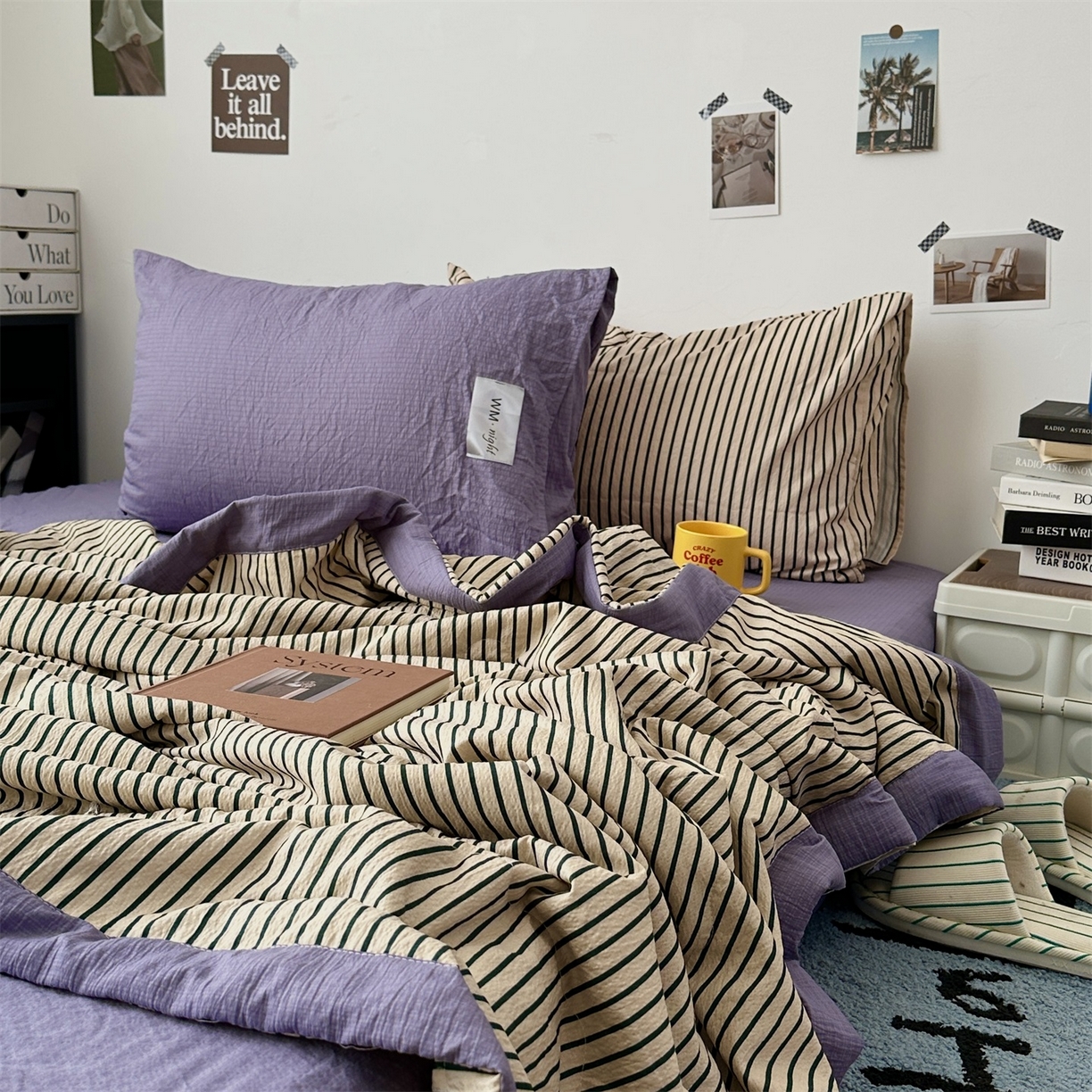 91家纺网 家纺一手货源 找家纺 拾一 2026新款简约日式条纹软糯水洗棉木棉夏凉被四件套单件空调被 夏凉被 卡其-绿条