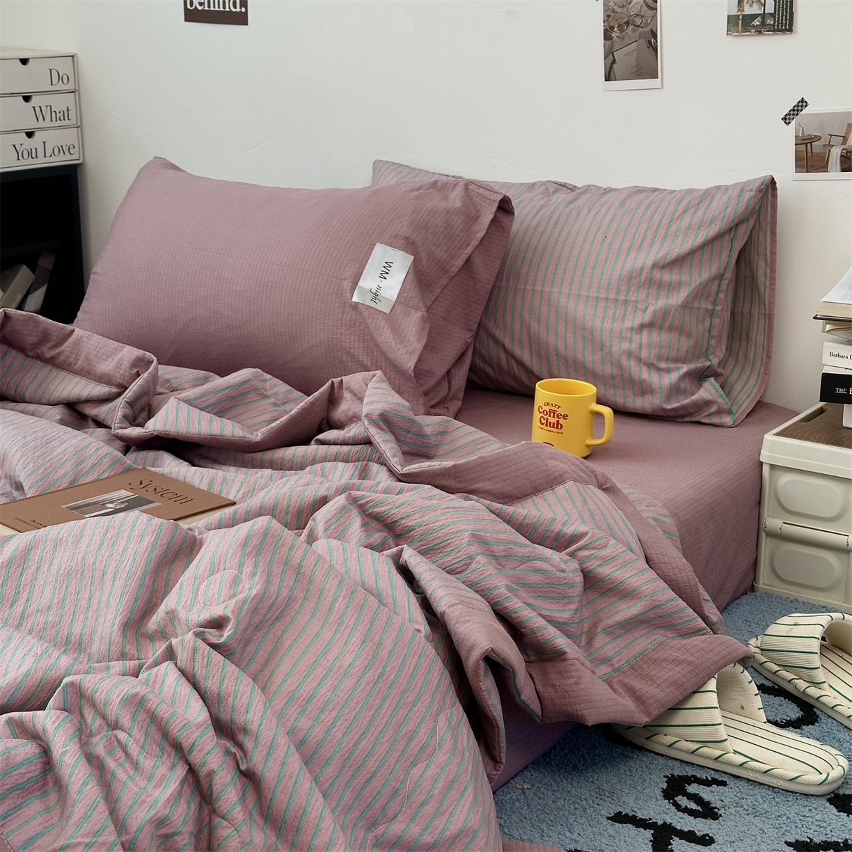 91家纺网 家纺一手货源 找家纺 拾一 2026新款简约日式条纹软糯水洗棉木棉夏凉被四件套单件空调被 夏凉被 紫-绿条