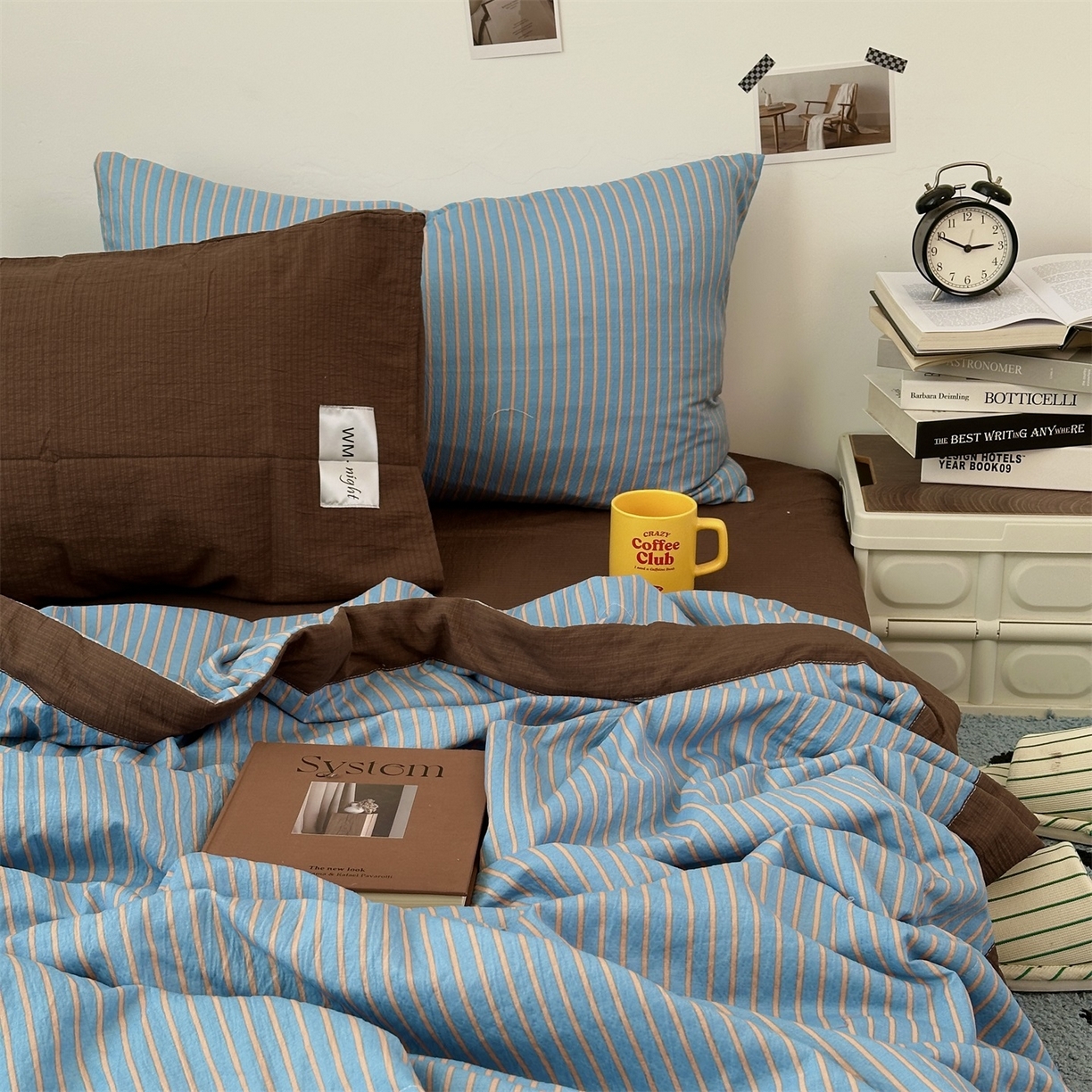 91家纺网 家纺一手货源 找家纺 拾一 2026新款简约日式条纹软糯水洗棉木棉夏凉被四件套单件空调被 夏凉被 蓝-咖条