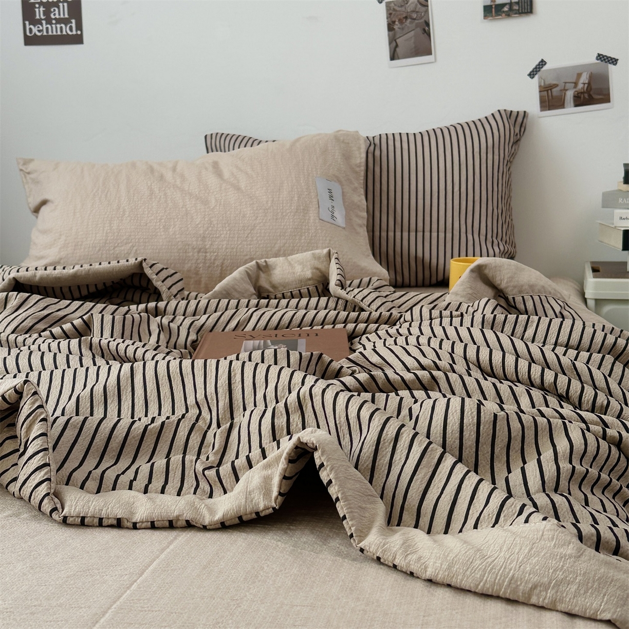 91家纺网 家纺一手货源 找家纺 拾一 2026新款简约日式条纹软糯水洗棉木棉夏凉被四件套单件空调被 夏凉被 灰-黑条