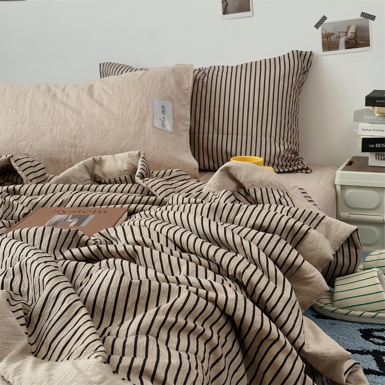 91家纺网 家纺一手货源 找家纺 拾一 2026新款简约日式条纹软糯水洗棉木棉夏凉被四件套单件空调被 夏凉被 灰-黑条