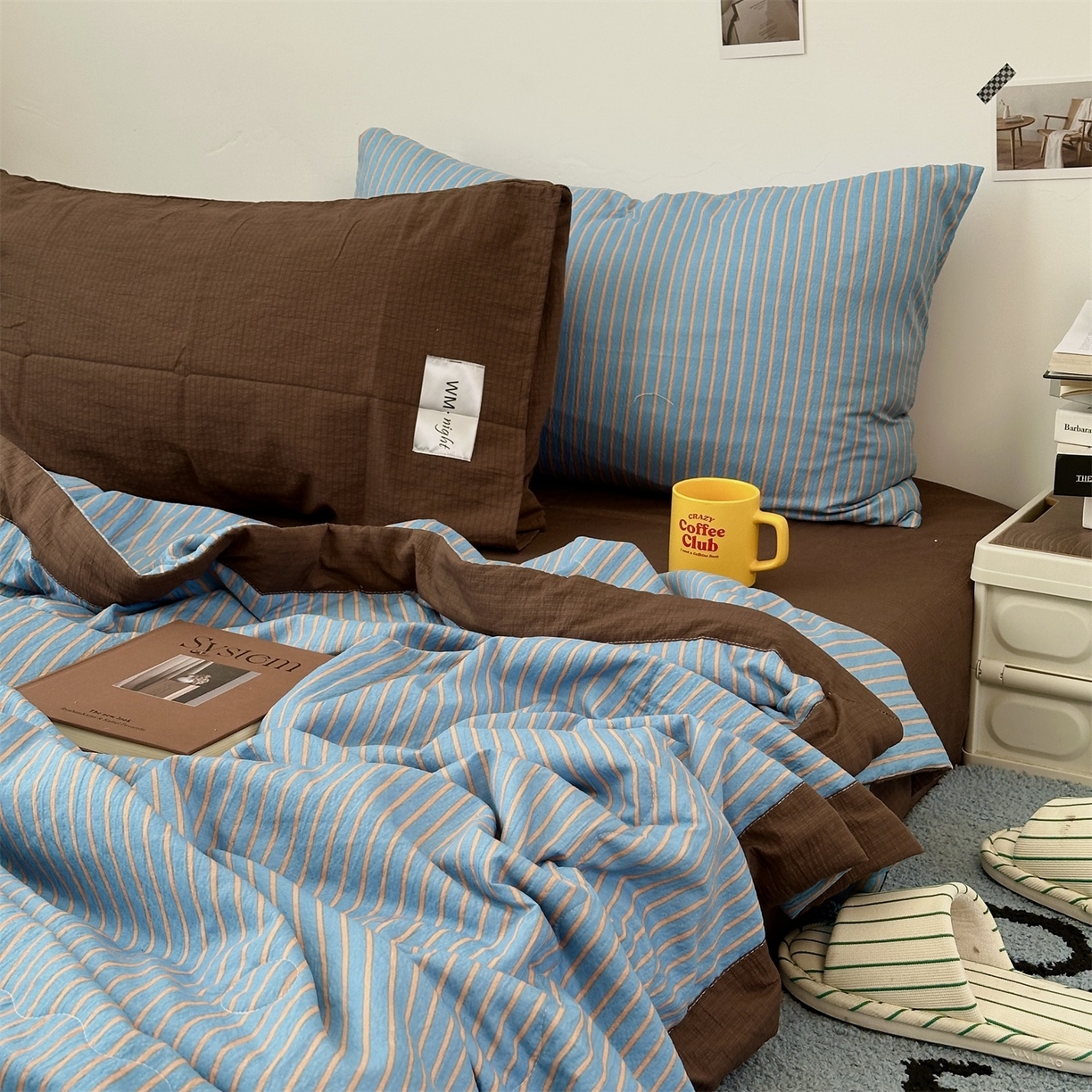 91家纺网 家纺一手货源 找家纺 拾一 2026新款简约日式条纹软糯水洗棉木棉夏凉被四件套单件空调被 夏凉被 蓝-咖条