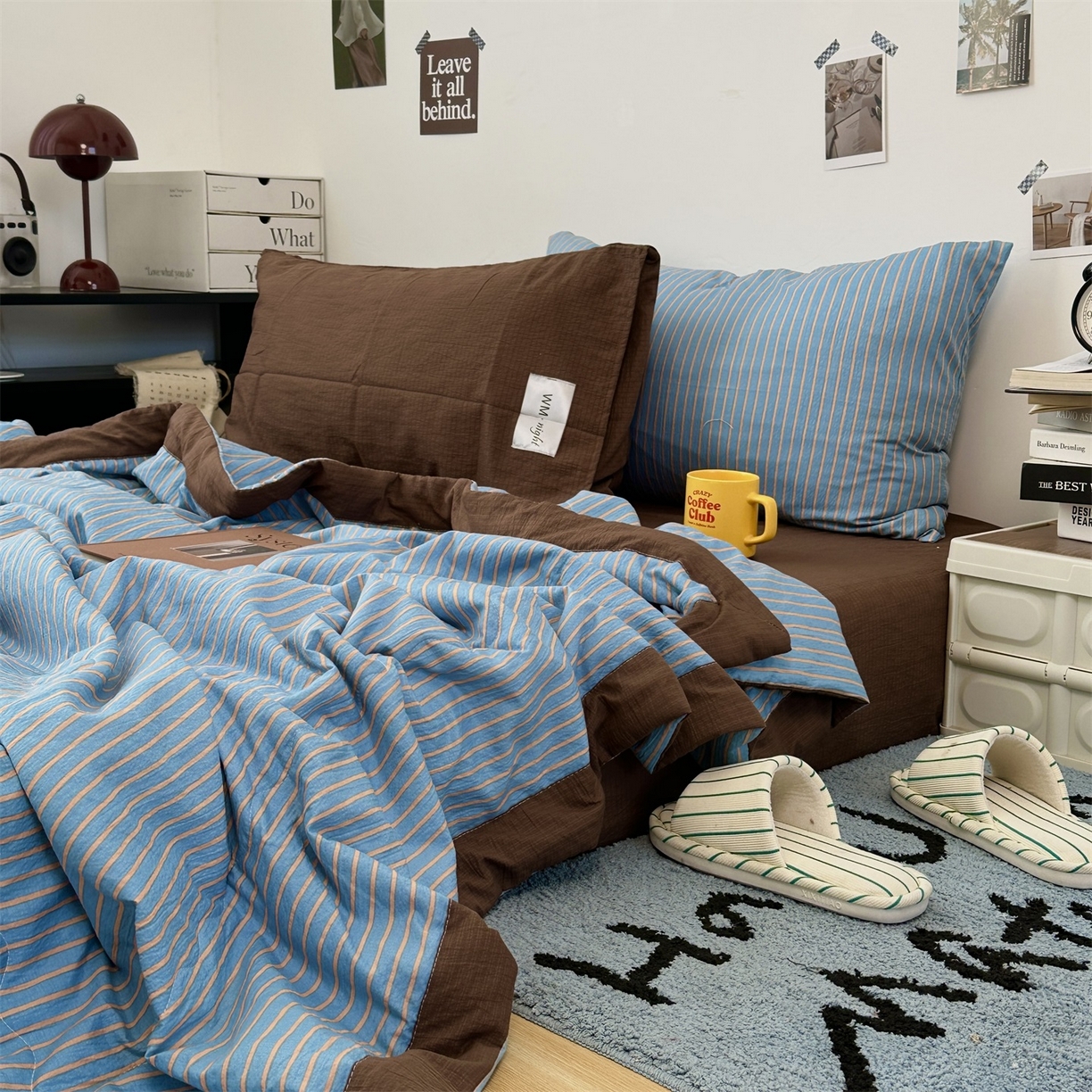 91家纺网 家纺一手货源 找家纺 拾一 2026新款简约日式条纹软糯水洗棉木棉夏凉被四件套单件空调被 夏凉被 蓝-咖条