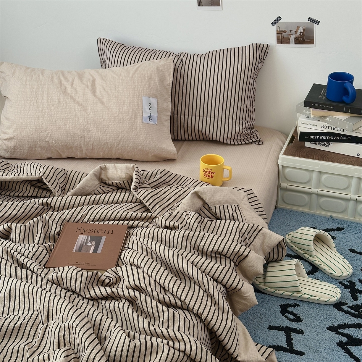 91家纺网 家纺一手货源 找家纺 拾一 2026新款简约日式条纹软糯水洗棉木棉夏凉被四件套单件空调被 夏凉被 灰-黑条