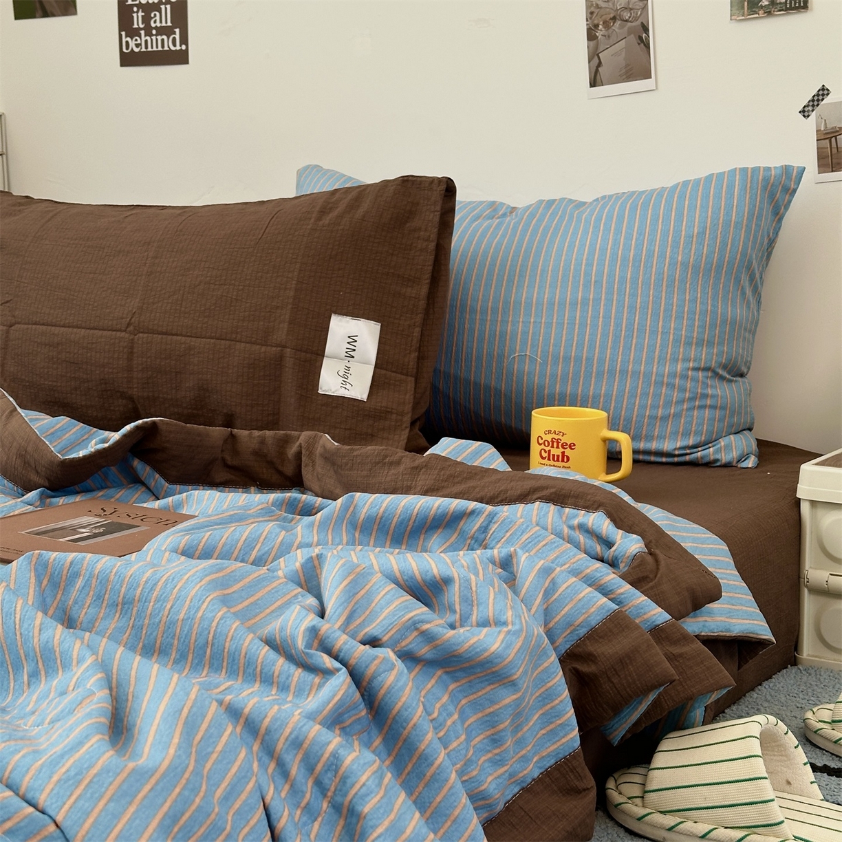 91家纺网 家纺一手货源 找家纺 拾一 2026新款简约日式条纹软糯水洗棉木棉夏凉被四件套单件空调被 夏凉被 蓝-咖条