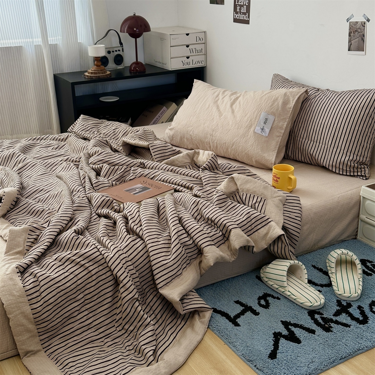 拾一 2026新款简约日式条纹软糯水洗棉木棉夏凉被四件套单件空调被 夏凉被 灰-黑条