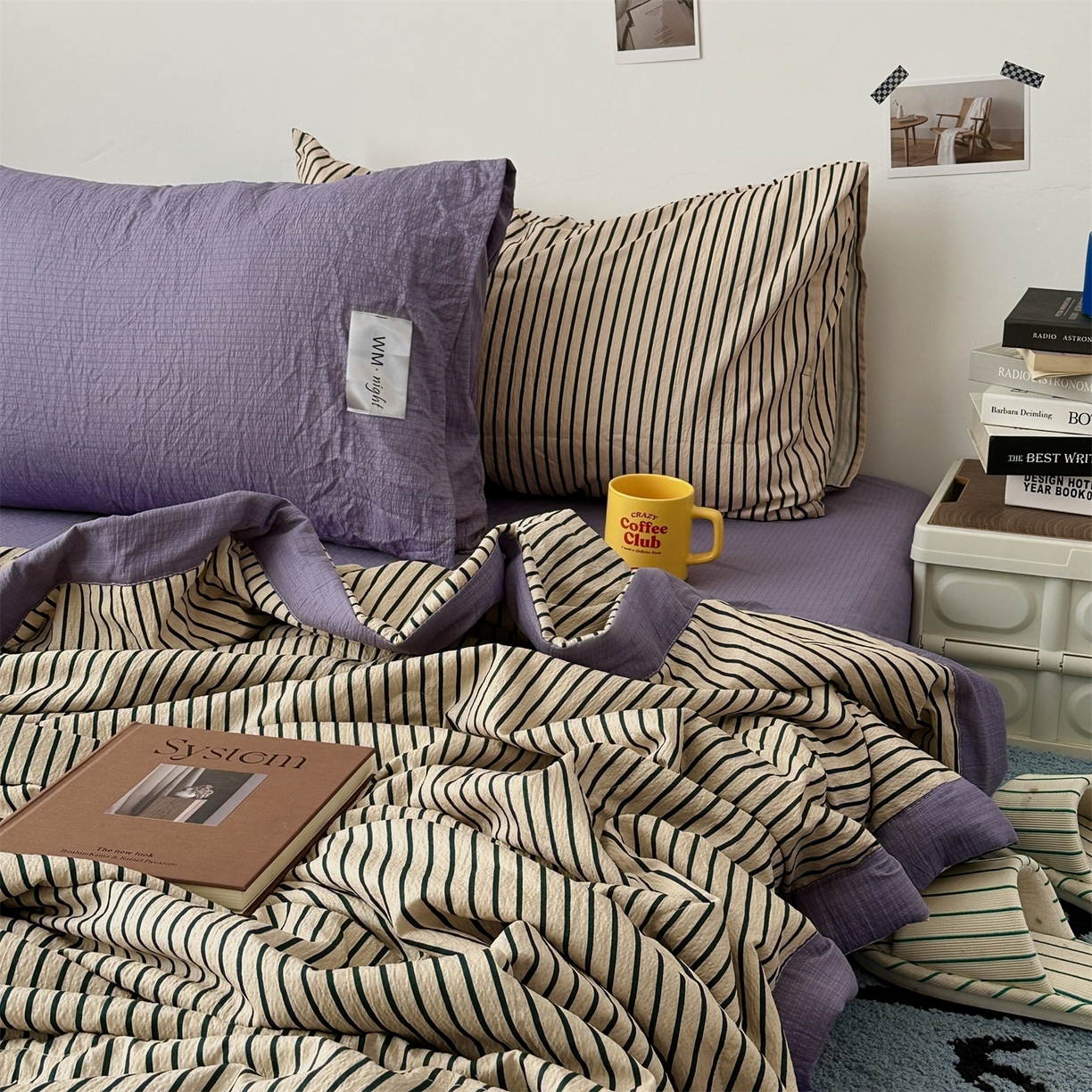 91家纺网 家纺一手货源 找家纺 拾一 2026新款简约日式条纹软糯水洗棉木棉夏凉被四件套单件空调被 夏凉被 卡其-绿条