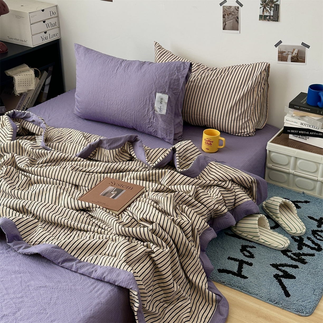 91家纺网 家纺一手货源 找家纺 拾一 2026新款简约日式条纹软糯水洗棉木棉夏凉被四件套单件空调被 夏凉被 卡其-绿条