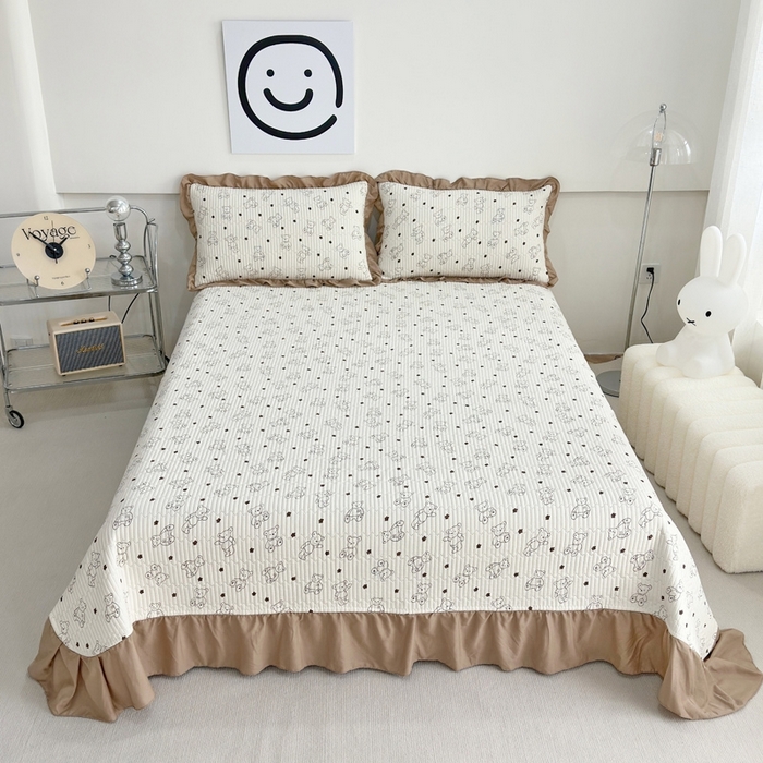 赛琳 2026新款水洗棉花边床盖单件床盖四季通用夹棉床盖 床盖单件 咖啡小熊