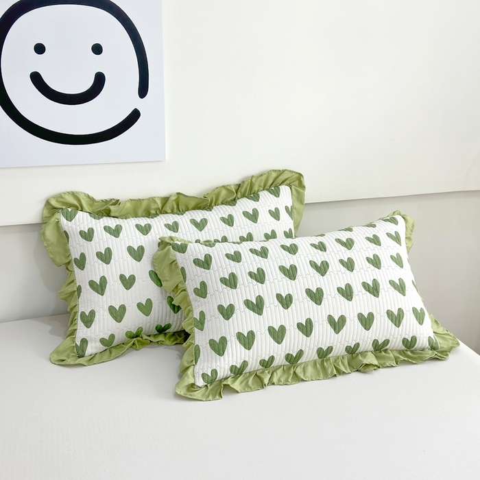 91家纺网 家纺一手货源 找家纺 赛琳 2026新款水洗棉花边床盖单件床盖四季通用夹棉床盖 床盖单件 绿色爱心