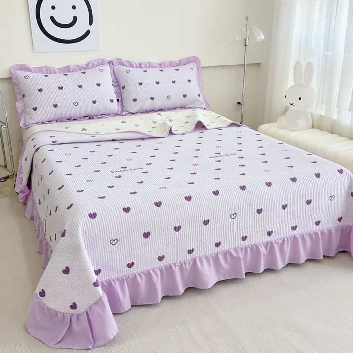 91家纺网 家纺一手货源 找家纺 赛琳 2026新款水洗棉花边床盖单件床盖四季通用夹棉床盖 床盖单件 花漾甜心