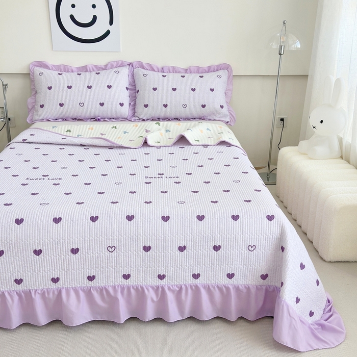 91家纺网 家纺一手货源 找家纺 赛琳 2026新款水洗棉花边床盖单件床盖四季通用夹棉床盖 床盖单件 花漾甜心