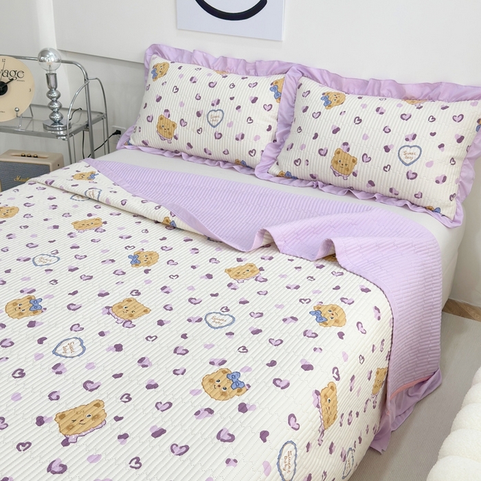 91家纺网 家纺一手货源 找家纺 赛琳 2026新款水洗棉花边床盖单件床盖四季通用夹棉床盖 床盖单件 爱心小熊