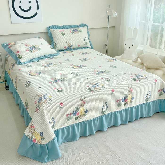 91家纺网 家纺一手货源 找家纺 赛琳 2026新款水洗棉花边床盖单件床盖四季通用夹棉床盖 床盖单件 彼得小兔