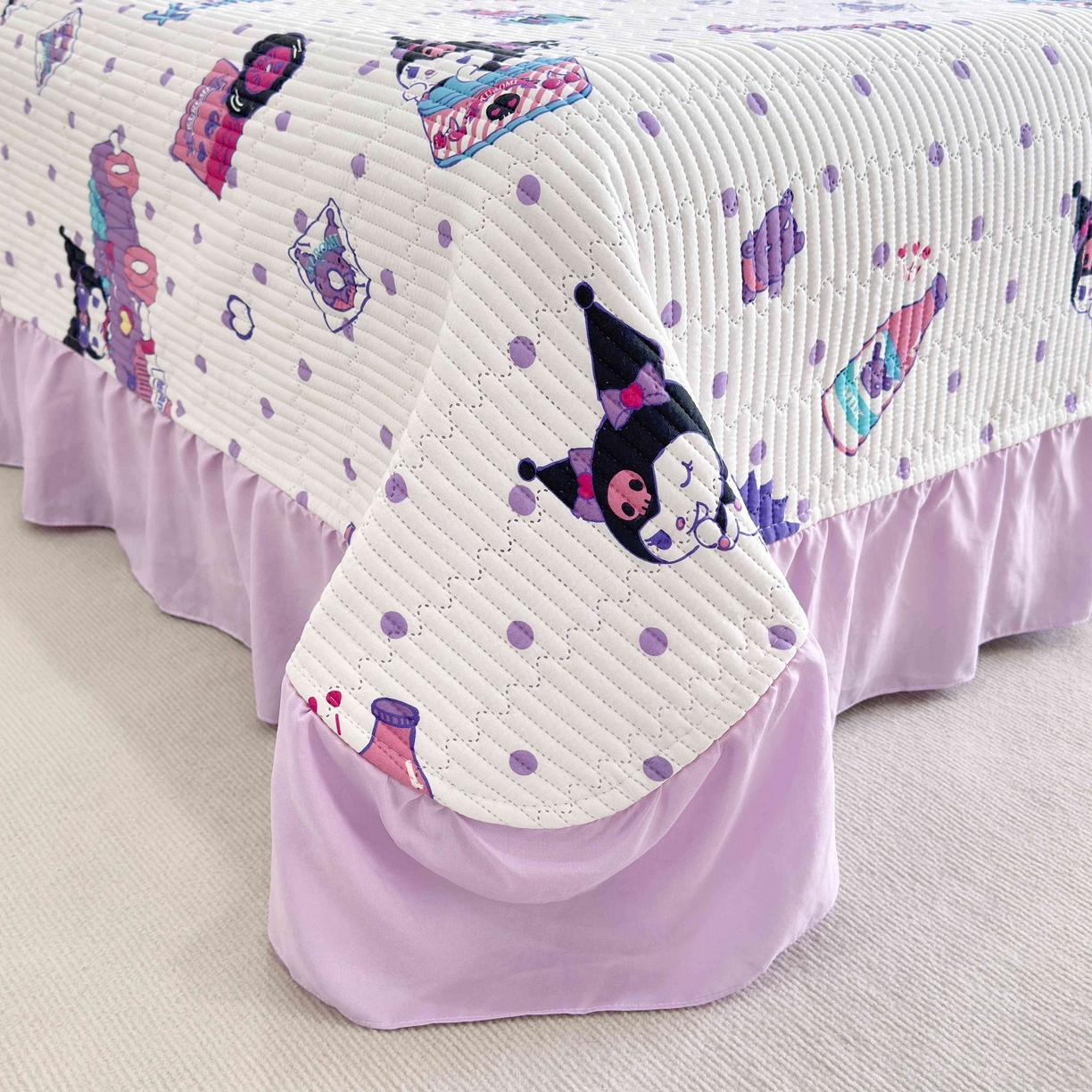 91家纺网 家纺一手货源 找家纺 赛琳 2026新款水洗棉花边床盖单件床盖四季通用夹棉床盖 床盖单件 顽皮库洛