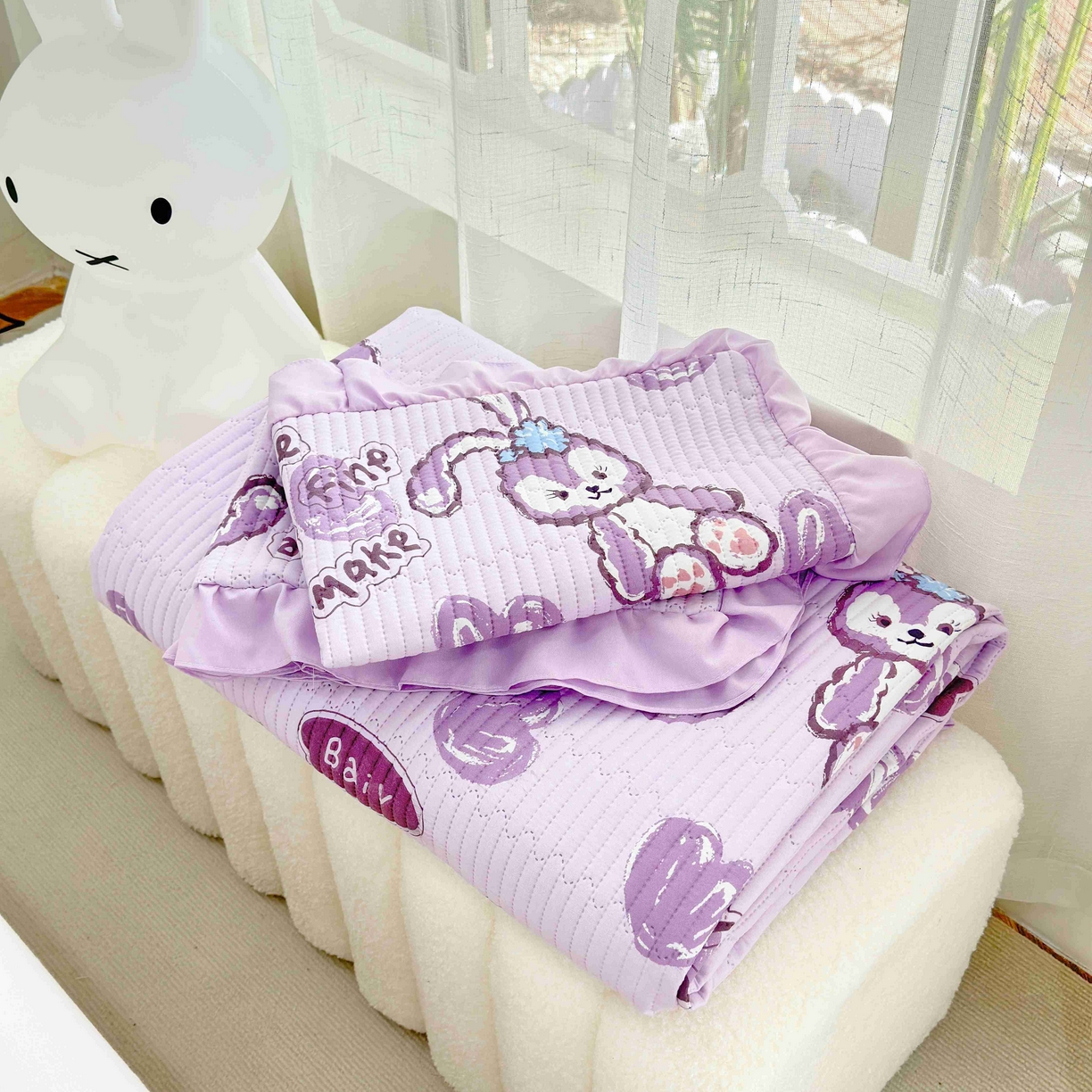 91家纺网 家纺一手货源 找家纺 赛琳 2026新款水洗棉花边床盖单件床盖四季通用夹棉床盖 床盖单件 心心小兔