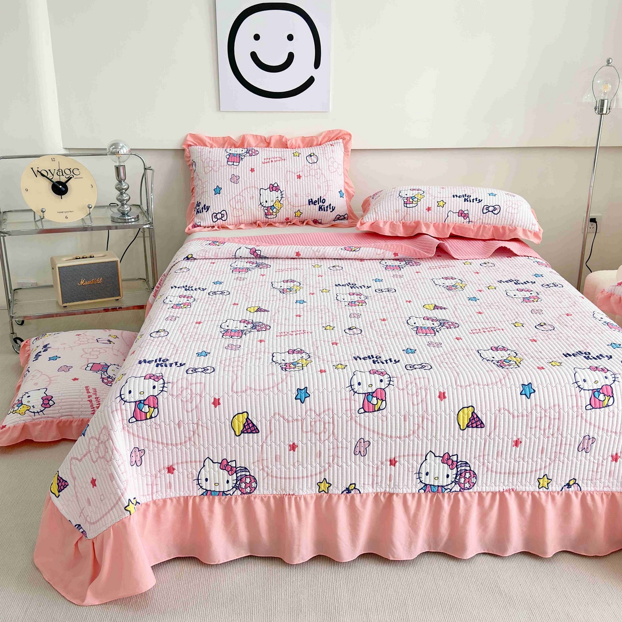 91家纺网 家纺一手货源 找家纺 赛琳 2026新款水洗棉花边床盖单件床盖四季通用夹棉床盖 床盖单件 甜心猫咪