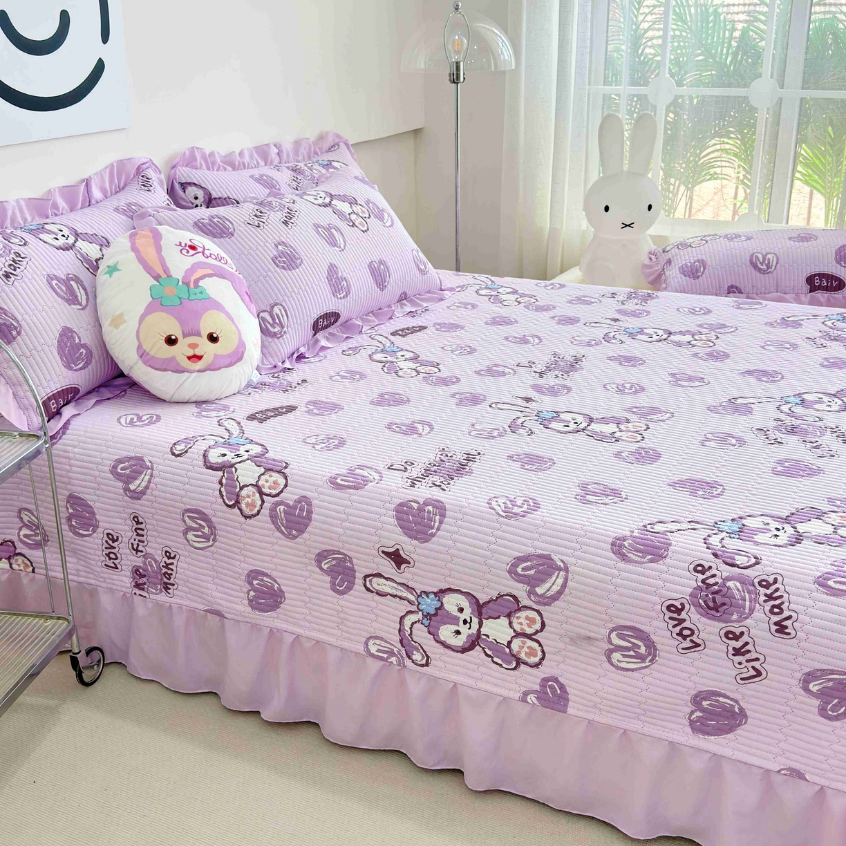 91家纺网 家纺一手货源 找家纺 赛琳 2026新款水洗棉花边床盖单件床盖四季通用夹棉床盖 床盖单件 心心小兔